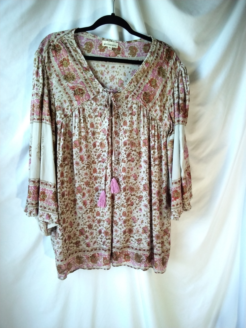 Sky And Sand Denim Pink Floral Peasant Blouse